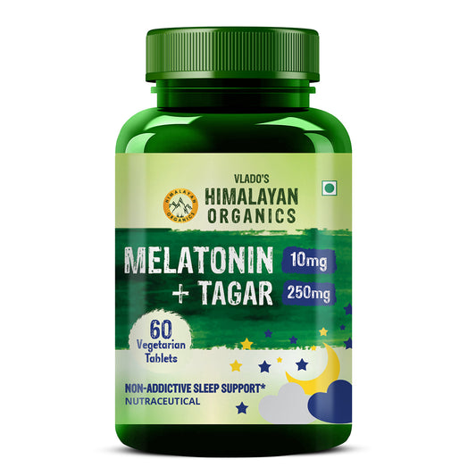 Vlado's Himalayan Organics Melatonin 10Mg + Tagar 250Mg Supplement With Vitamin B6 And Calcium | Non-Habit Forming, Restful Sleep, Improved Focus, Relaxed Mind | Good For Eye Health - 60 Veg Tablets