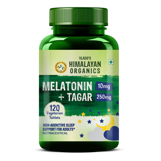 Vlado's Himalayan Organics Melatonin 10mg + Tagar 250mg | Non-Habit Forming, Potent Sleep Aid Formula  - 120 Veg Tabs