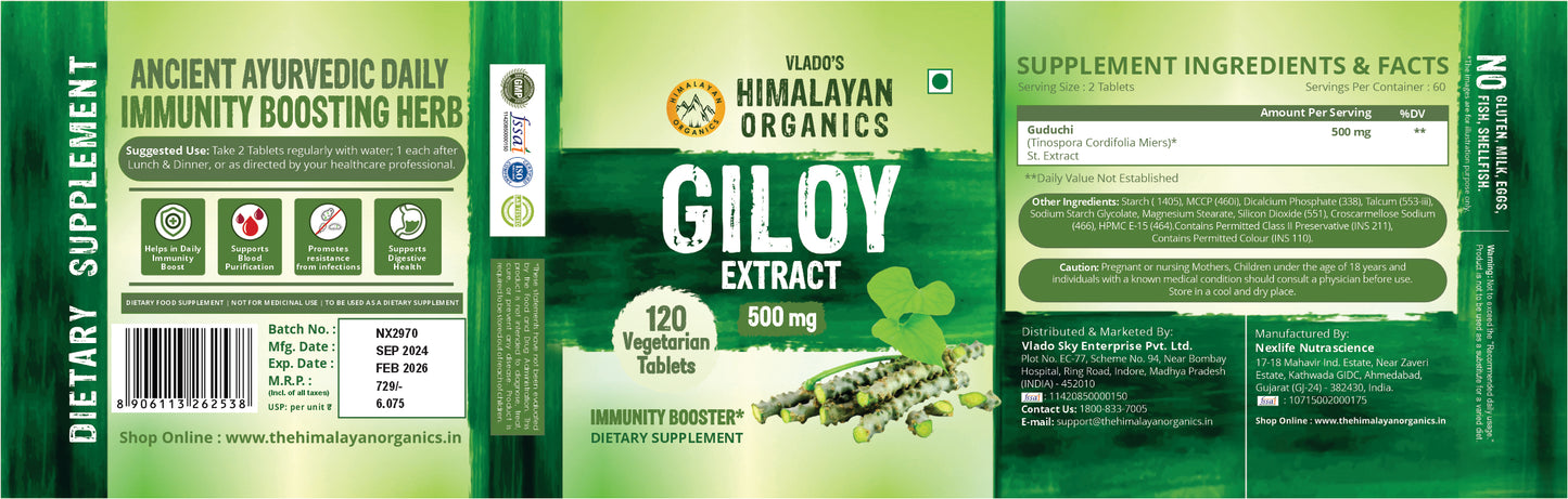 Vlado's Himalayan Organics Giloy Extract | Immunity Booster | Helps in Blood Purification | 120 Veg Tablets