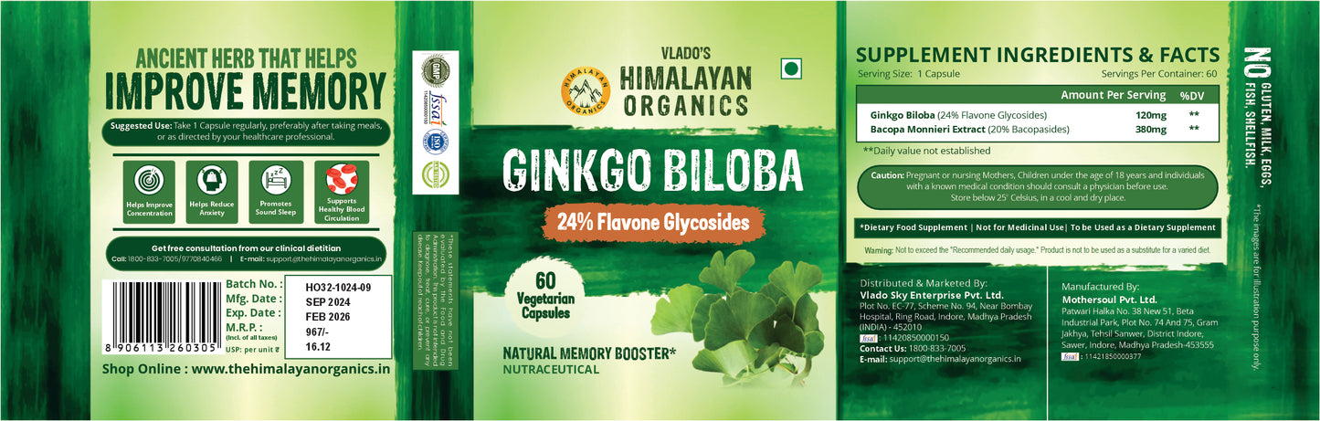 Vlado's Himalayan Organics Ginkgo Biloba for Healthy Brain Functions - 60 Count