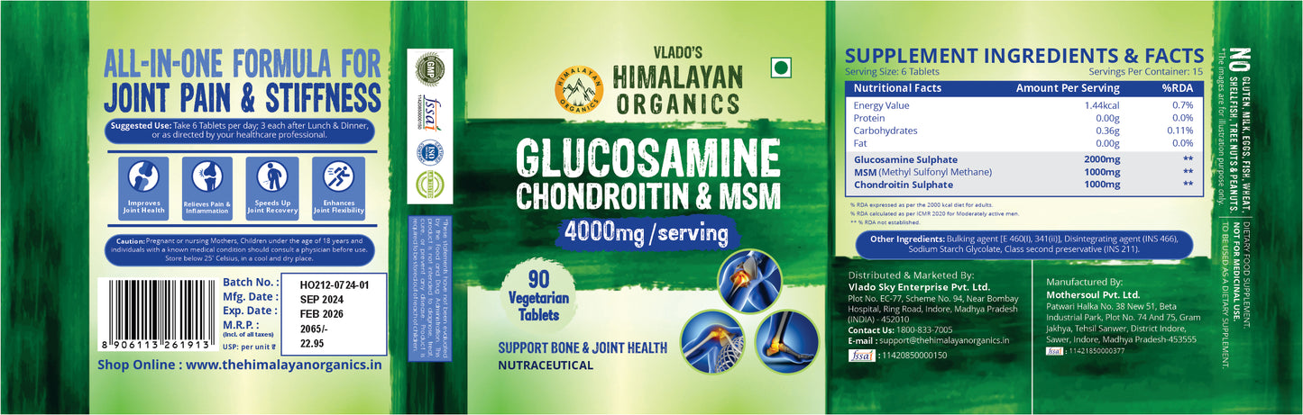 Vlado's Himalayan Organics Glucosamine Chondroitin MSM | For Bone, Joint & Cartilage Support | 90 Tablet