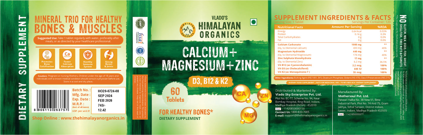 Vlado's Himalayan Organics Calcium Magnesium Zinc Vitamin D3 & B12-60 Vegetarian Tabs