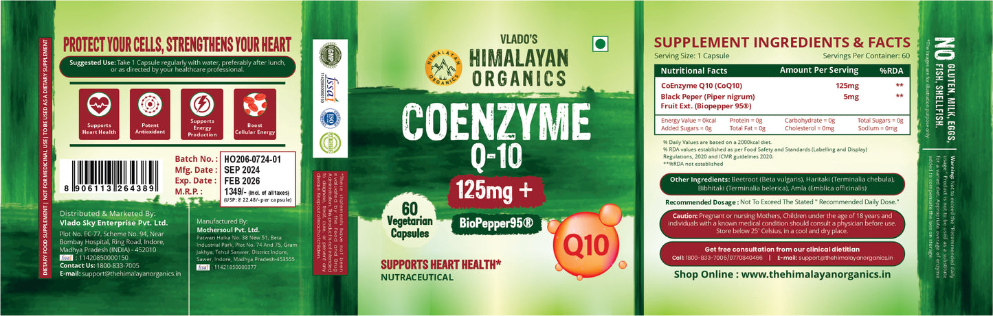 Vlado's Himalayan Organics CoQ10 -125mg With BioPepper - 5mg , COENZYME Q-10 125mg Supplement | High Absorption I Antioxidant Support Healthy Heart Boost Energy And Metabolism High Strength For Men And Women - 60 Veg Capsules