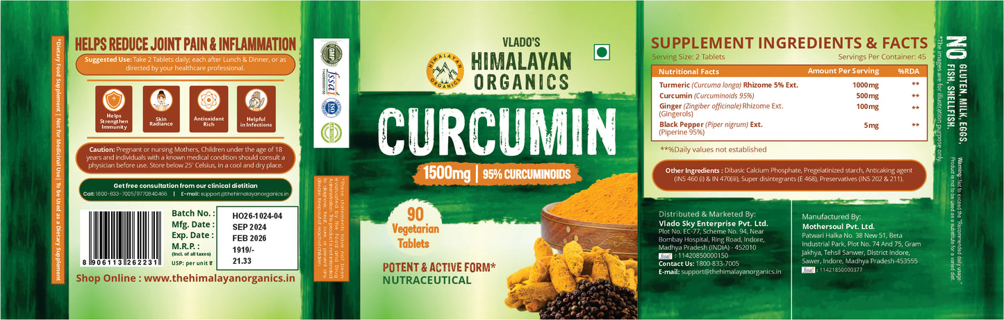 Vlado's Himalayan Organics Curcumin With Biopiperine 1500mg Tablets With 95% Curcuminoids Supplements For Better Absorption | Good For Skin & Joint pains | Immunity Booster for Men And Women - 90 Veg Tablets