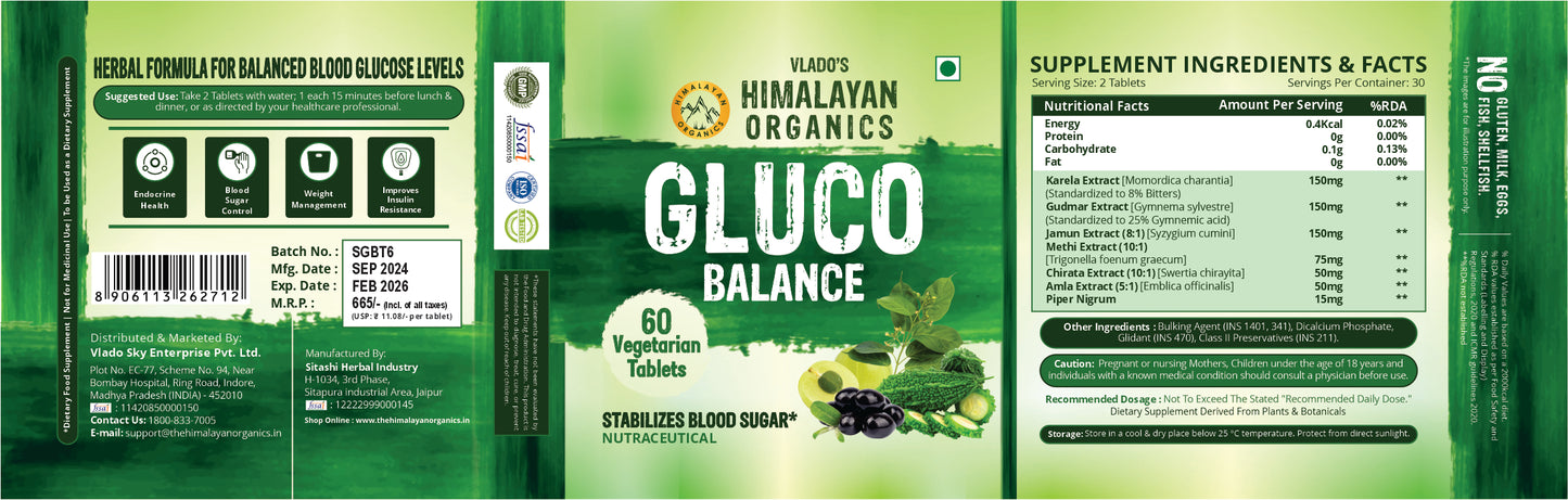 Vlado's Himalayan Organics Plant Based Gluco Balance with Jamun, Bittermelon, Amla, Gudmar, Chirayta Extracts | 60 Veg Tablets