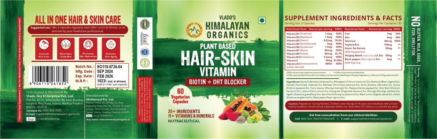 Vlado's Himalayan Organics Plant-Based Hair Skin vitamin with Pure Biotin And DHT Blocker - For Men And Women - 60 Veg Capsules