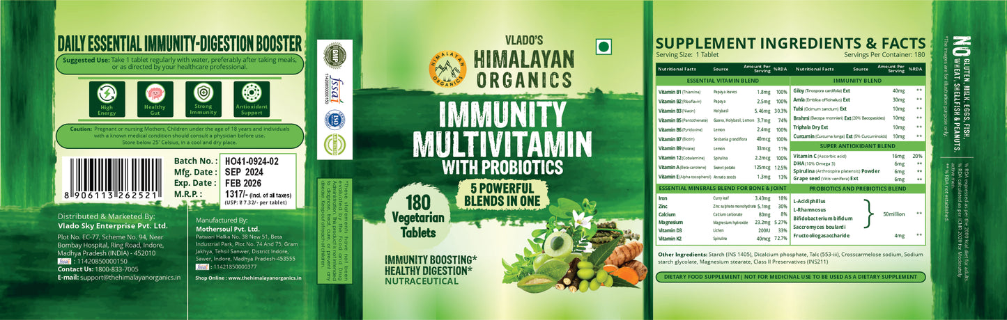 Vlado's Himalayan Organics Immunity Multivitamin with Probiotics with Vitamin C, D, K2, Zinc, Ginseng, Giloy, Biotin For Men & Women - 180 Veg Tablets