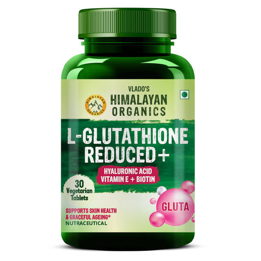 Vlado’s Himalayan Organics L-Glutathione Reduced + With Hyaluronic Acid Vitamin E + Biotin | Support Skin Health | Reduce Dark Spot | Antioxidant Support - 30 Veg Tablets