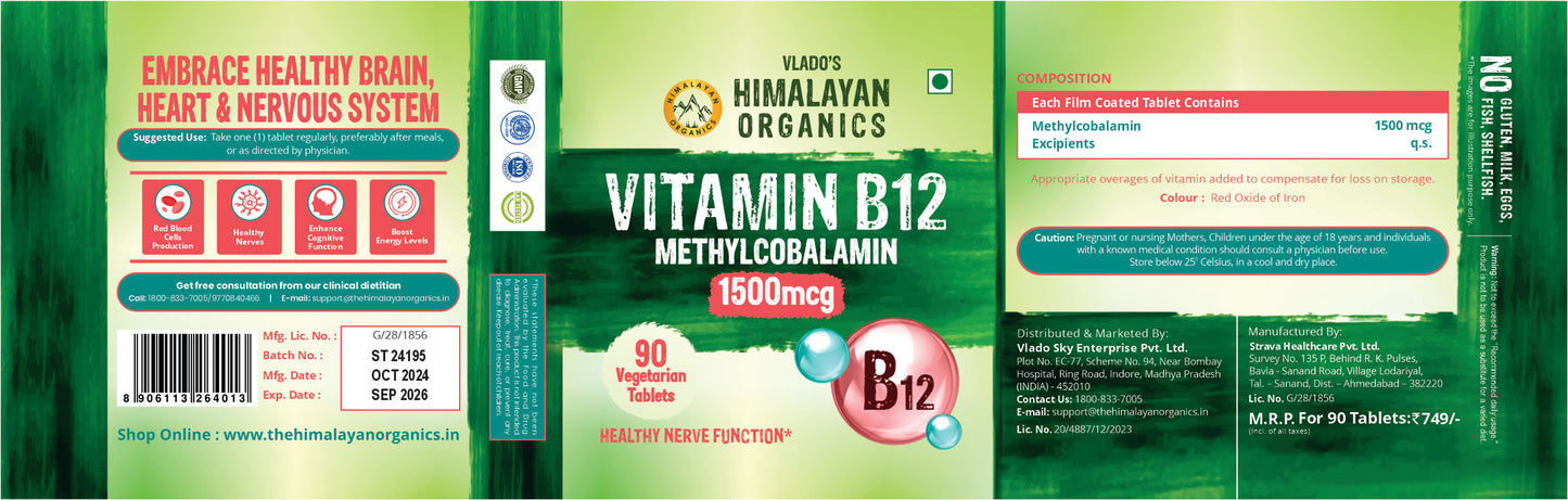 Vlado's Himalayan Organics Methyl Cobalamin Vitamin B12 1500mcg Supplement support Brain, Nerve Function and Energy - 90 Veg Tablets