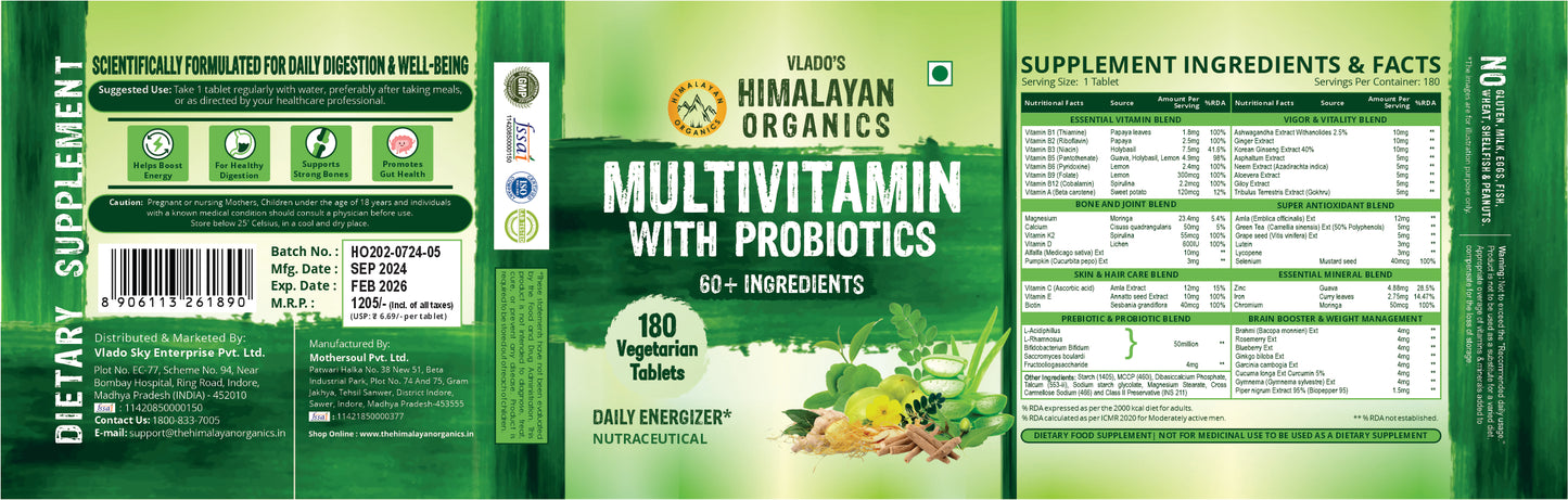 Vlado's Himalayan Organics Multivitamin With Probiotics - 60 Ingredients Supplement For Men And Women - 180 Veg Tablets