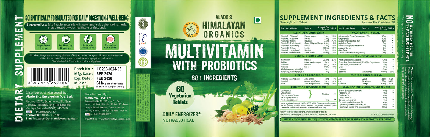 Vlado's Himalayan Organics Multivitamin with Probiotics (60 Tablets) 60 Ingredients for Men & Women with Vitamin C, D, E, B3, B12, Zinc, Giloy & Biotin