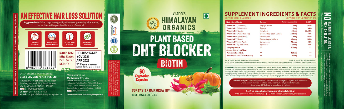 Vlado's Himalayan Organics Plant Based DHT Blocker | Goodness Of Nettle Leaves | 60 Veg Capsules