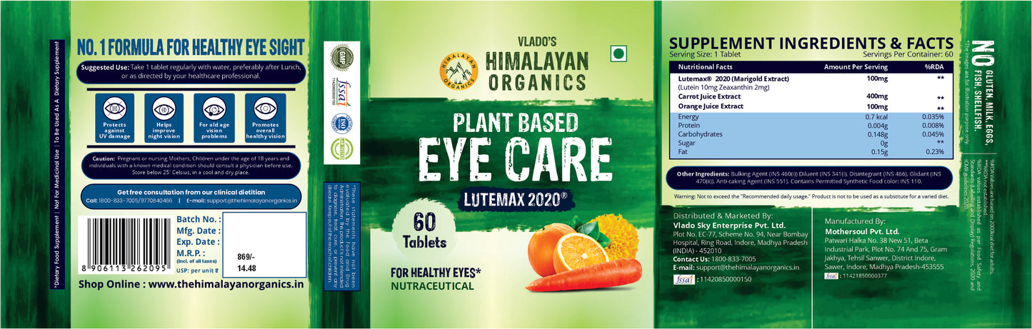 Vlado's Himalayan Organics Plant Based Eye Care Supplement (Lutemax 2020, Orange Extract, Carrot Extract) - 60 Tablets