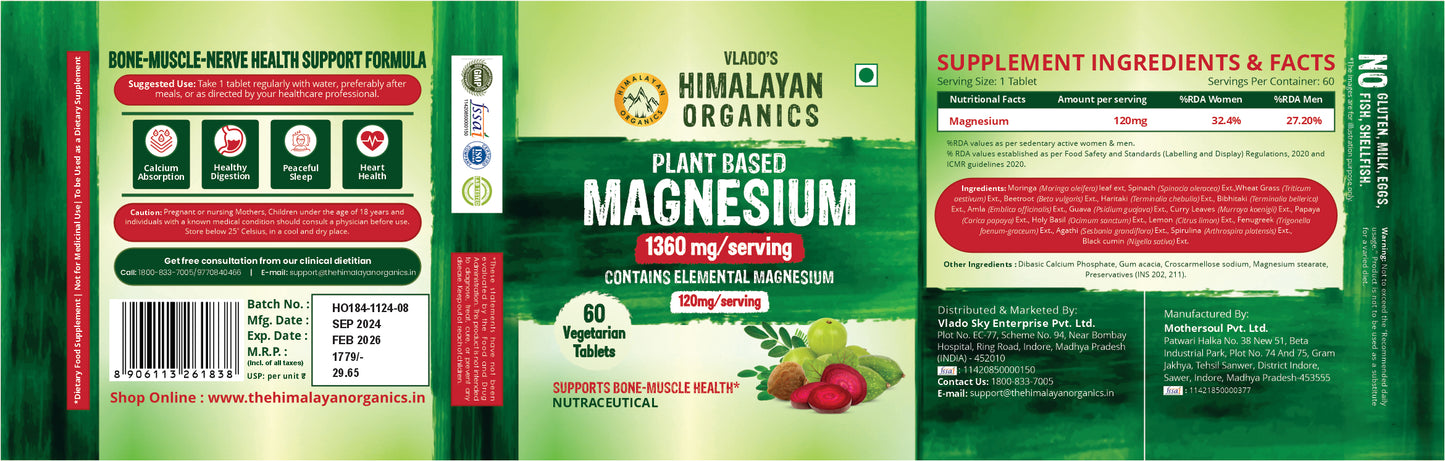 Vlado's Himalayan Organics Plant Based Magnesium Supplement 1360mg With Turmeric Spirulina, Wheatgrass, Moringa | Supports Bone Muscle & Bone Health | Boost Energy Level - 60 Veg Tablets