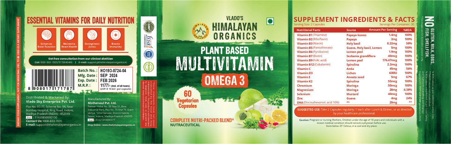 Vlado's Himalayan Organics Plant Based Vegan Omega-3 with Multivitamin, EPA, DHA, B1,B2,B3,B5,B7,B9,B9,B12,C,D3,K2, 25+ Ingredients for Energy, Immunity, Heart, Bone & Joints Support - 60 Veg capsules