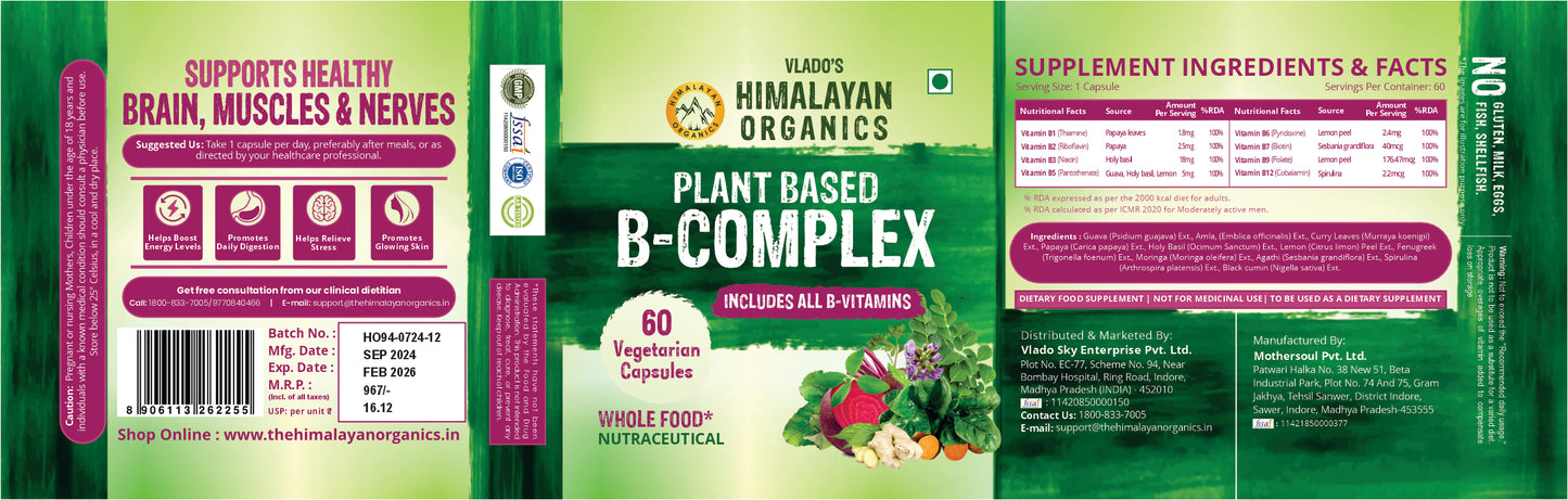 Vlado's Himalayan Organics Plant Based B Complex Vitamin with 100% RDA B1, B2, B3, B5, B6, B9 & B12 - 60 Veg Capsules