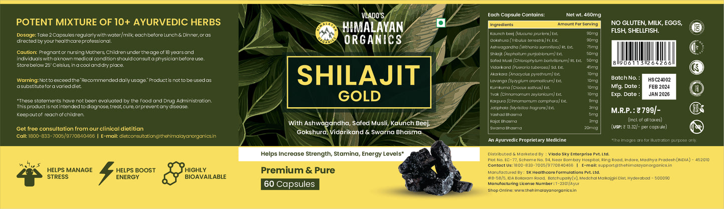 Vlado's Himalayan Organics Pure Shilajit 24 carat Gold with Ashwagandha, Safed musli, Kaunch beej , Gokshura Swarna & Rajat Bhasma +10 more Ayurvedic herbs - -Boost Stamina, Strenght, Energy Power, Build Muscle Mass - 60 Veg Capsules