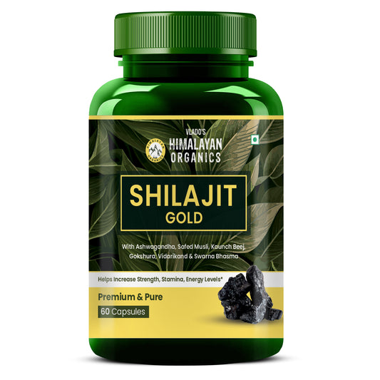 Vlado's Himalayan Organics Pure Shilajit 24 carat Gold with Ashwagandha, Safed musli, Kaunch beej , Gokshura Swarna & Rajat Bhasma +10 more Ayurvedic herbs - -Boost Stamina, Strenght, Energy Power, Build Muscle Mass - 60 Veg Capsules