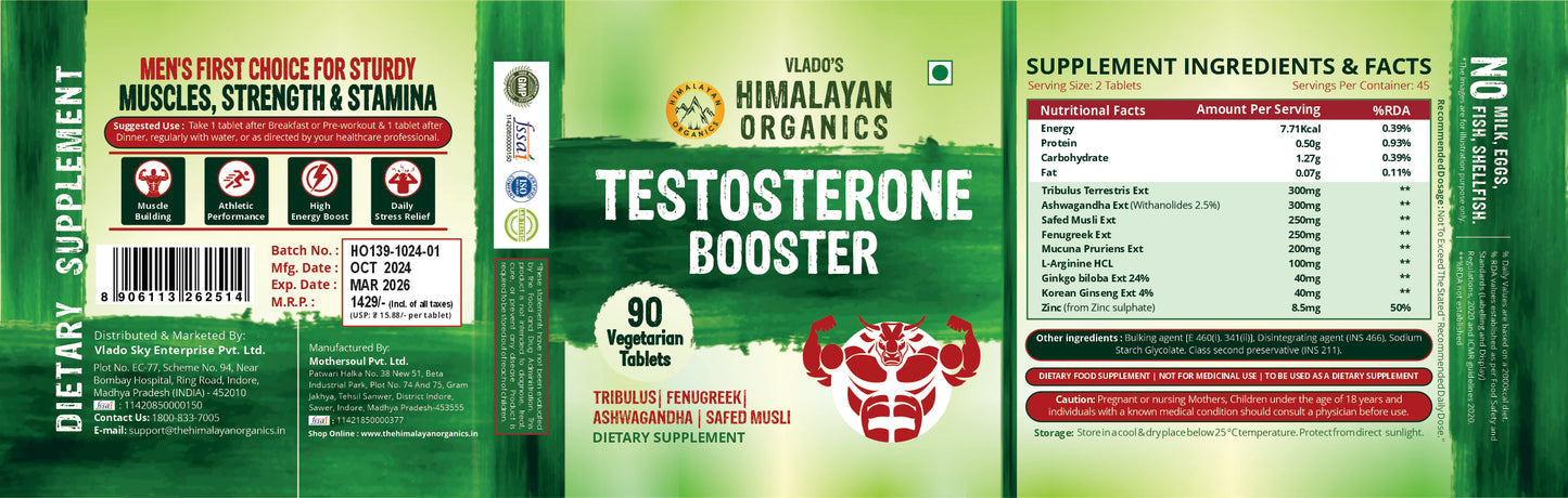 Vlado's Himalayan Organics Testosterone Booster | Supports Muscle & Energy Boost | With Vitamin D3, Magnesium, Zinc, Tribulus, Ashwagandha & Safed Musli | 90 Veg Tabs