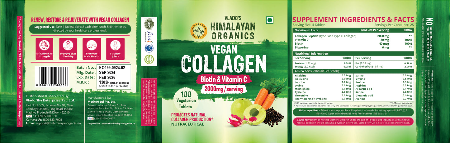 Vlado's Himalayan Organics Vegan Collagen 2000Mg With Biotin And Vitamin C  (100 Tablets)