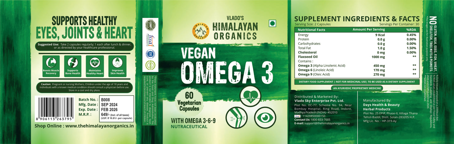 Vlado's Himalayan Organics Omega 3 6 9 Vegan Natural Nutrition Supplement for Muscle , Bone , Heart & Skin - 60 Capsules