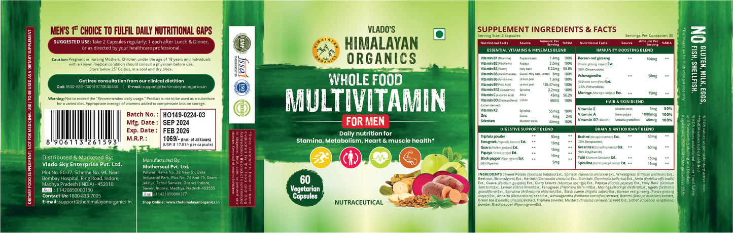 Vlado's Himalayan Organics Whole Food Multivitamin for Men with Vitamins, Minerals, Extracts | For Energy, Brain, Heart Health & Eye Health - 60 Veg Capsules