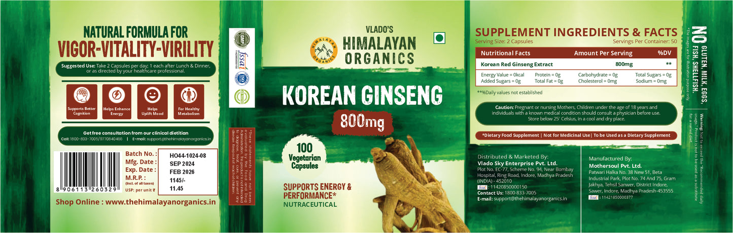 Vlado's Himalayan Organics Korean Red Ginseng 800mg/Serve - 100 Vegetarian Capsules