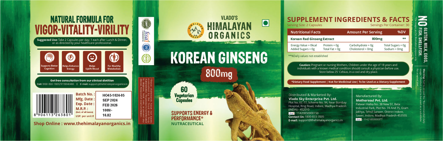 Vlado's Himalayan Organics Korean Red Ginseng 800mg/Serve - 60 Veg Capsules