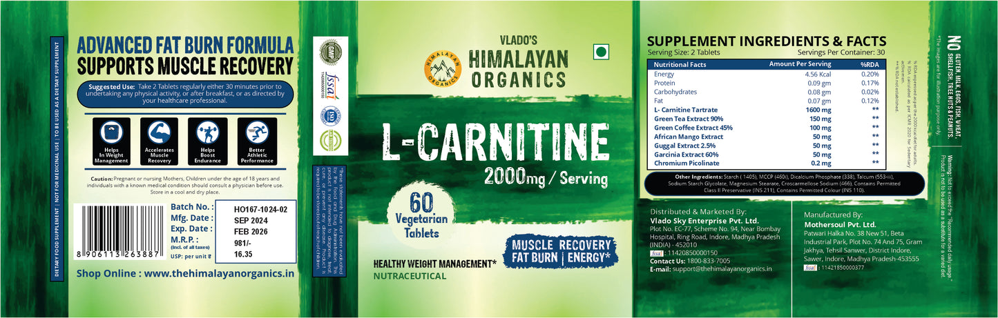 Vlado's Himalayan Organic L-Carnitine 2000 Mg | Healthy Weight Management | Supports Muscle Recovery, Boost Energy, Endurance, And Fat Burn - 60 Vegetarian Tablets