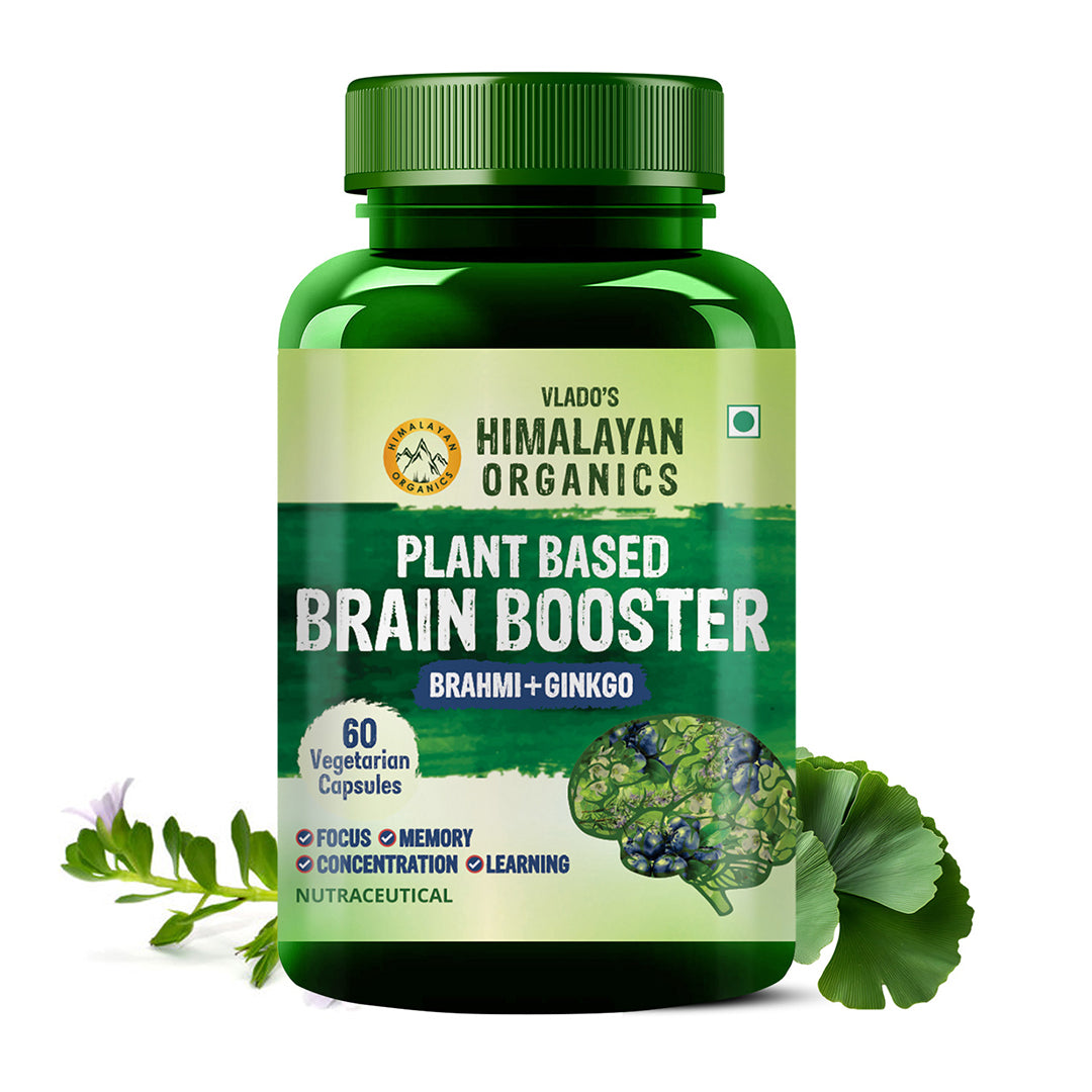 Vlado's Himalayan Organics Plant Based Brain Booster Supplement with Ginkgo Biloba & Brahmi | Boost concentration & Learning Activities | 60 Veg Capsules