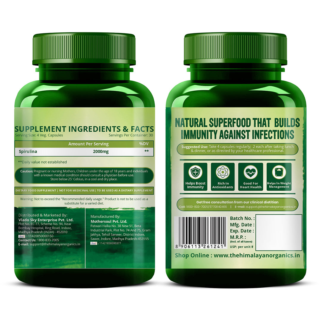 Vlado's Himalayan Organics Spirulina 2000mg Supplement For Men And Women  - 120 Veg Capsules