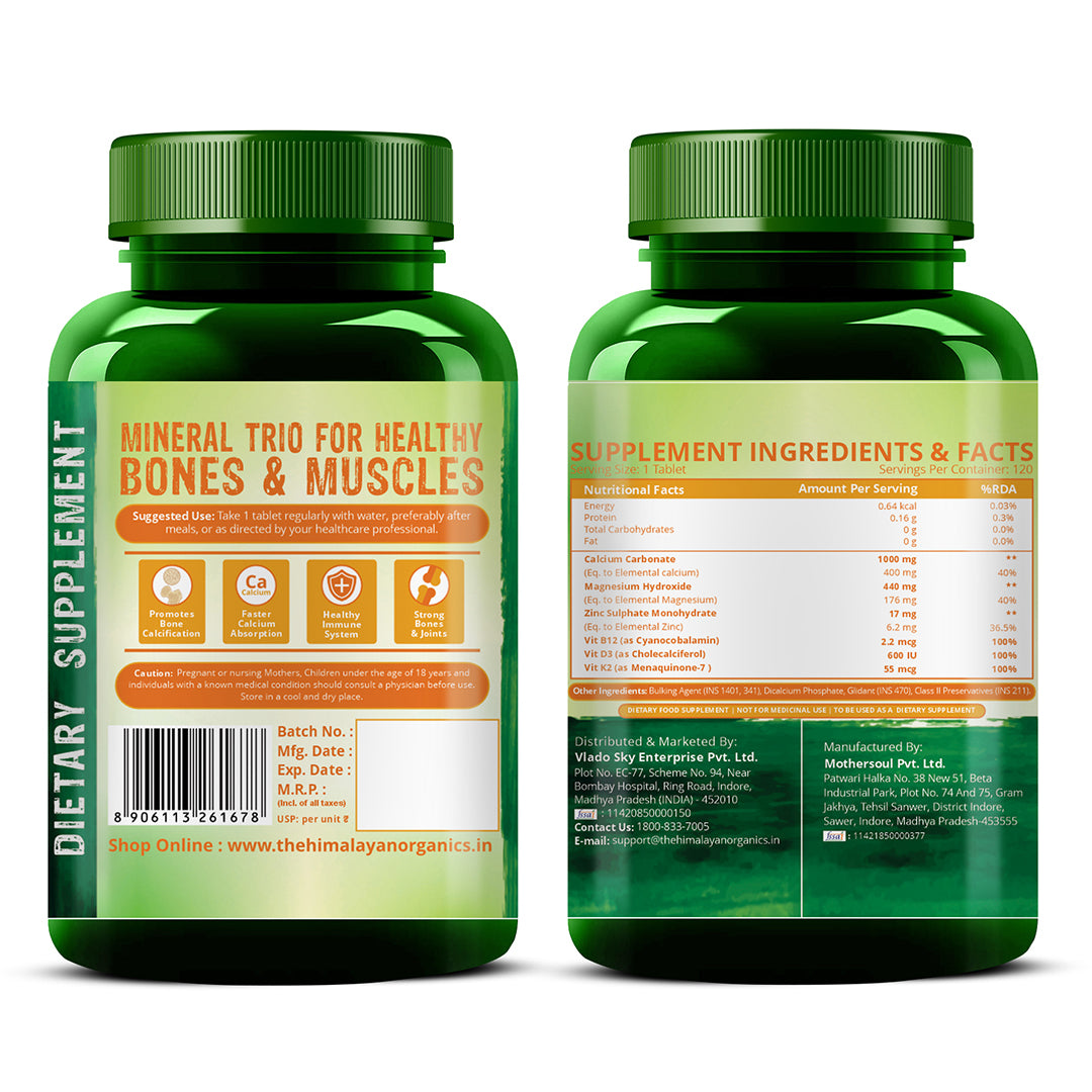 Vlado's Himalayan Organics Calcium Magnesium Zinc Vitamin D3, B12 & K - 120 Vegetarian Tablets