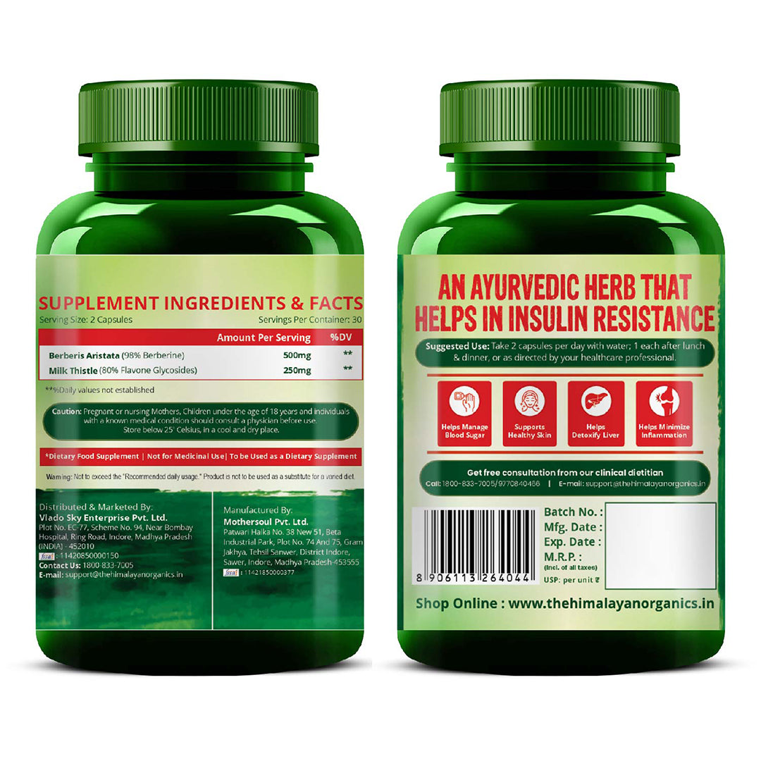 Vlado's Himalayan Organics Berberis Aristata Berberine 98% with Milk Thistle for 2X Liver Support - 60 Veg Capsules