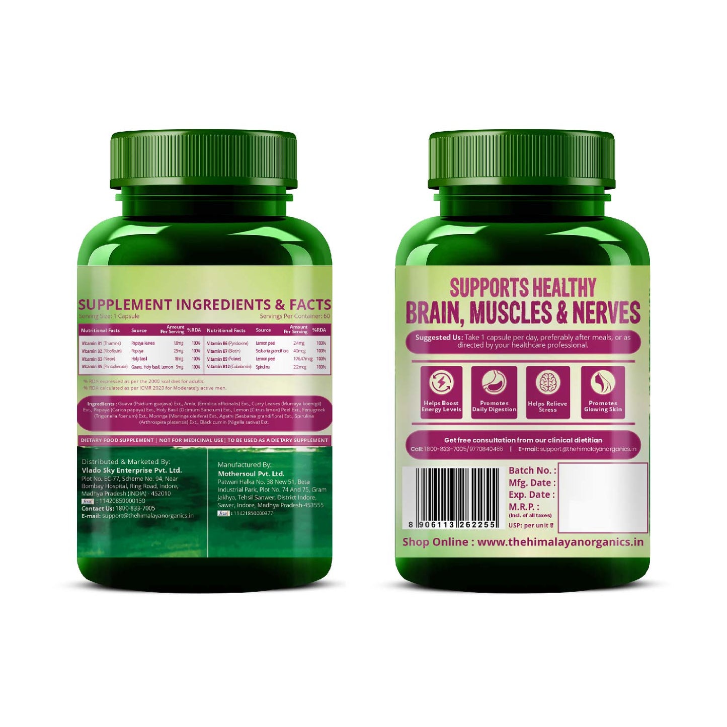 Vlado's Himalayan Organics Plant Based B Complex Vitamin with 100% RDA B1, B2, B3, B5, B6, B9 & B12 - 60 Veg Capsules