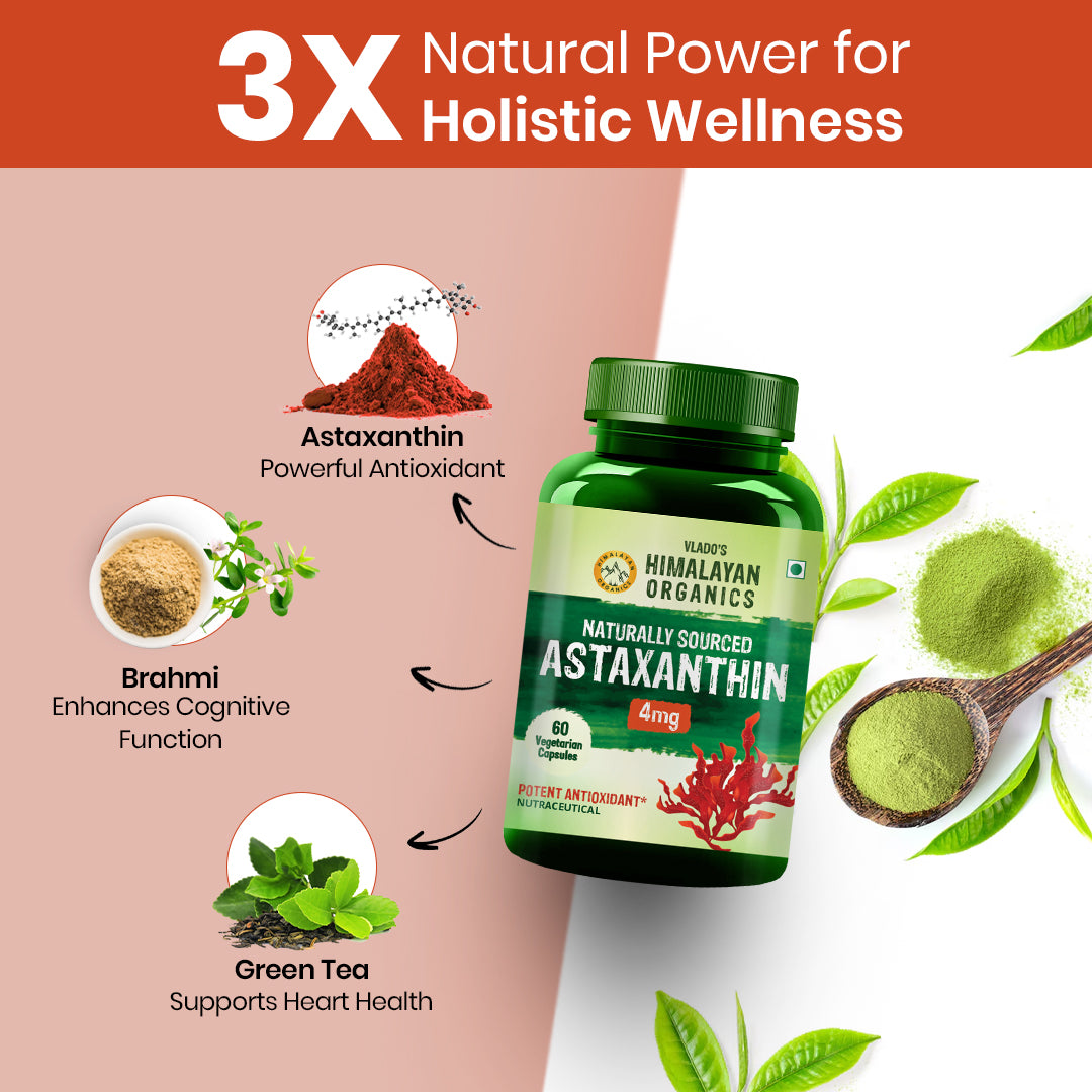 Vlado's Himalayan Organics Naturally Sourced Astaxanthin 4mg | Antioxidant for Skin, Eye & Energy | 60 Veg Capsules