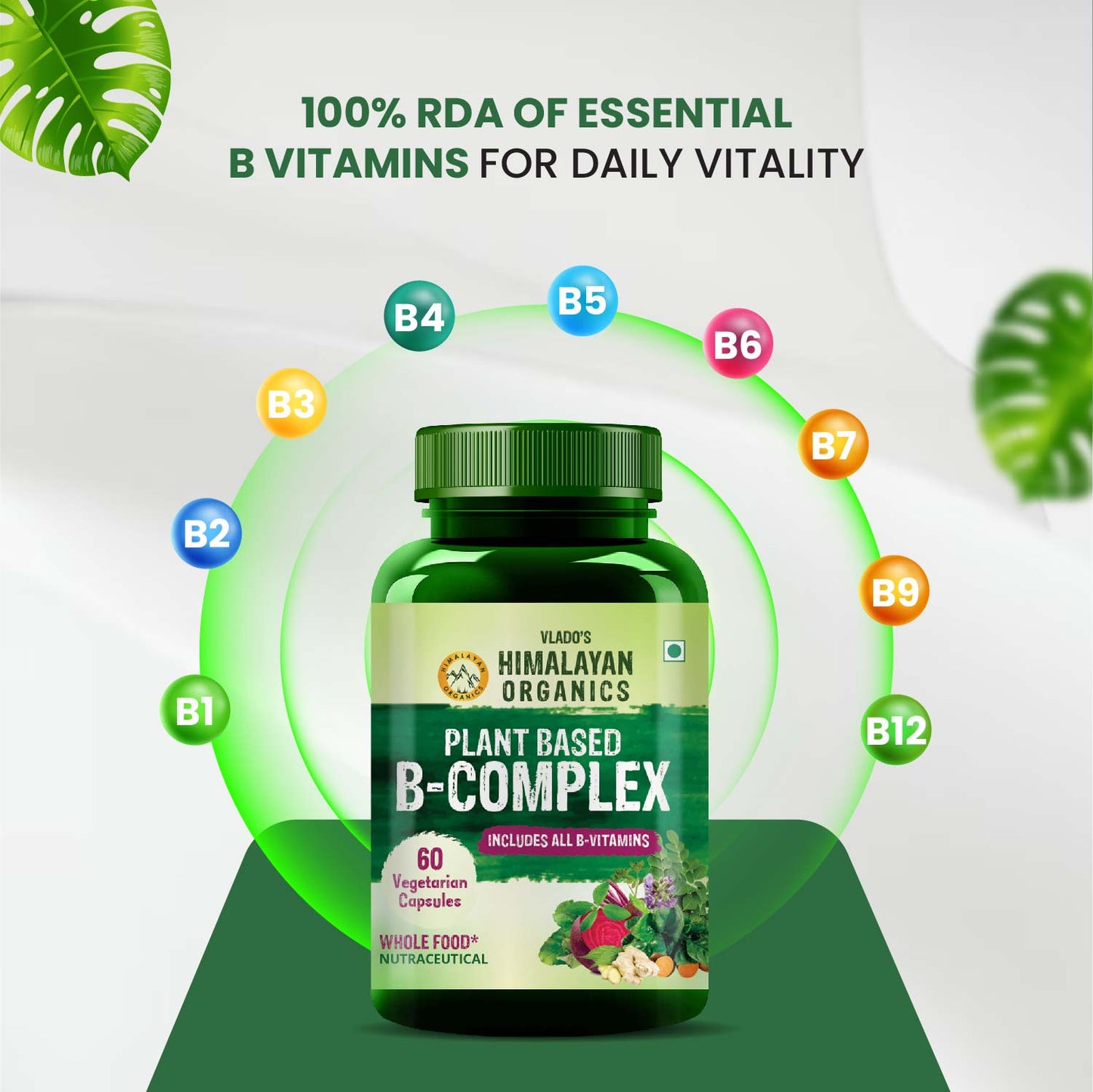 Vlado's Himalayan Organics Plant Based B Complex Vitamin with 100% RDA B1, B2, B3, B5, B6, B9 & B12 - 60 Veg Capsules