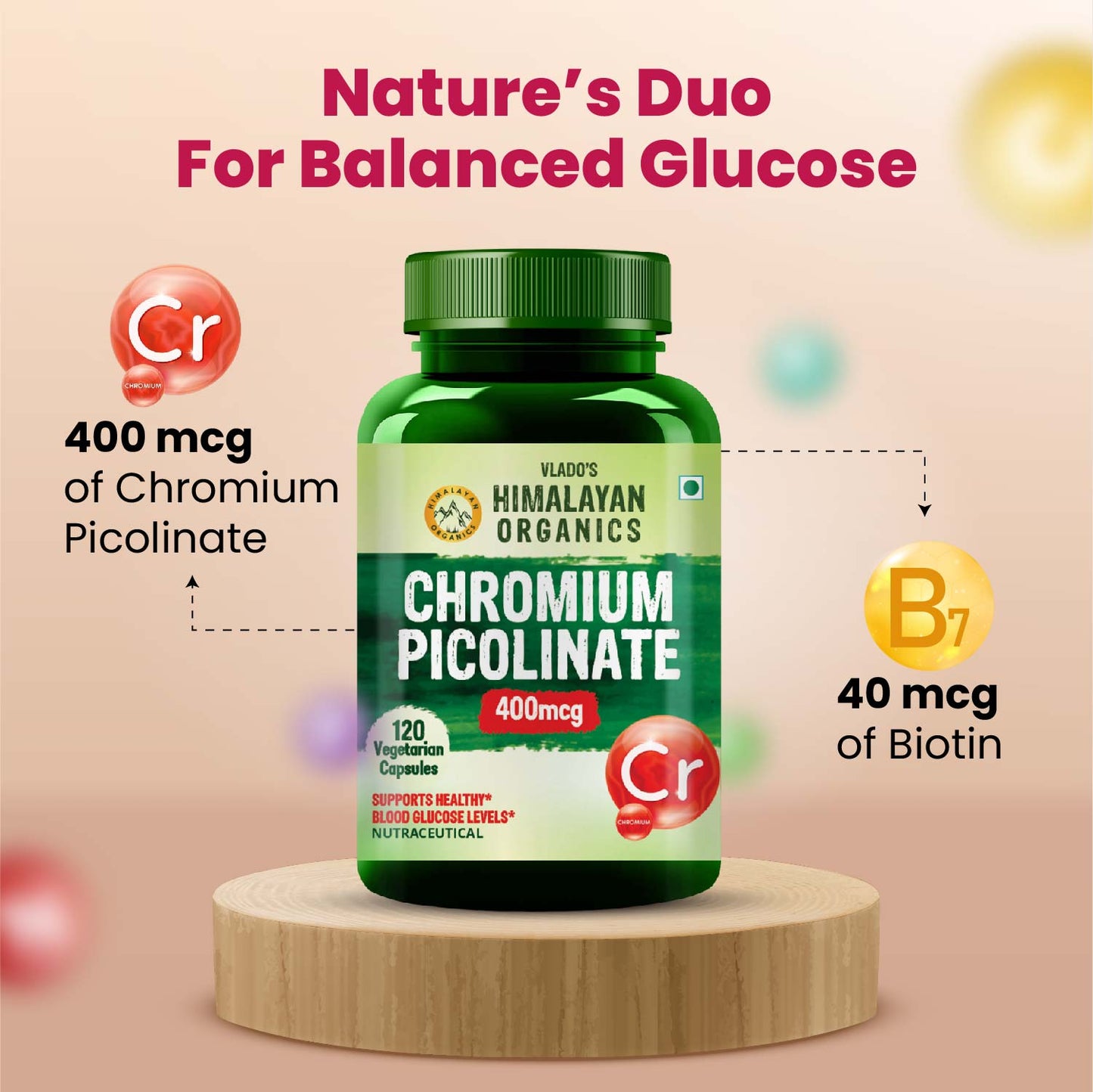 Vlado's Himalayan Organics Chromium Picolinate 400mcg | Supports Healthy Blood Sugar Level | Healthy Heart | Essential For Weight Management - 120 Veg Capsule