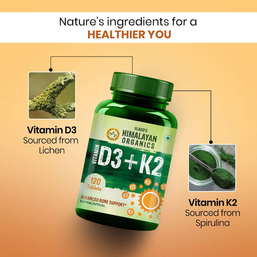 Vlado's Himalayan Organics Vitamin D3 600 IU + K2 as MK7 Supplement | Supports Stronger Immunity & Bone & Heart Health | Healthy Heart For Men And Women - 120 Veg Tablets