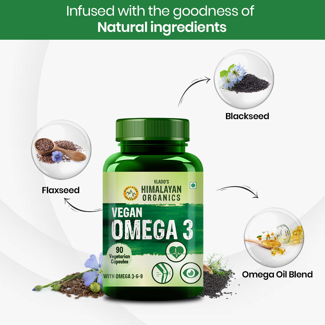 Vlado's Himalayan Organics Omega 3 6 9 Vegan Natural Nutrition Supplement for Muscle, Bone , Heart & Skin - 90 Capsules