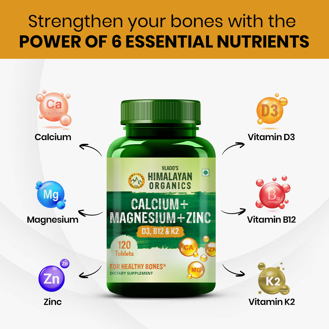 Vlado's Himalayan Organics Calcium Magnesium Zinc Vitamin D3, B12 & K - 120 Vegetarian Tablets