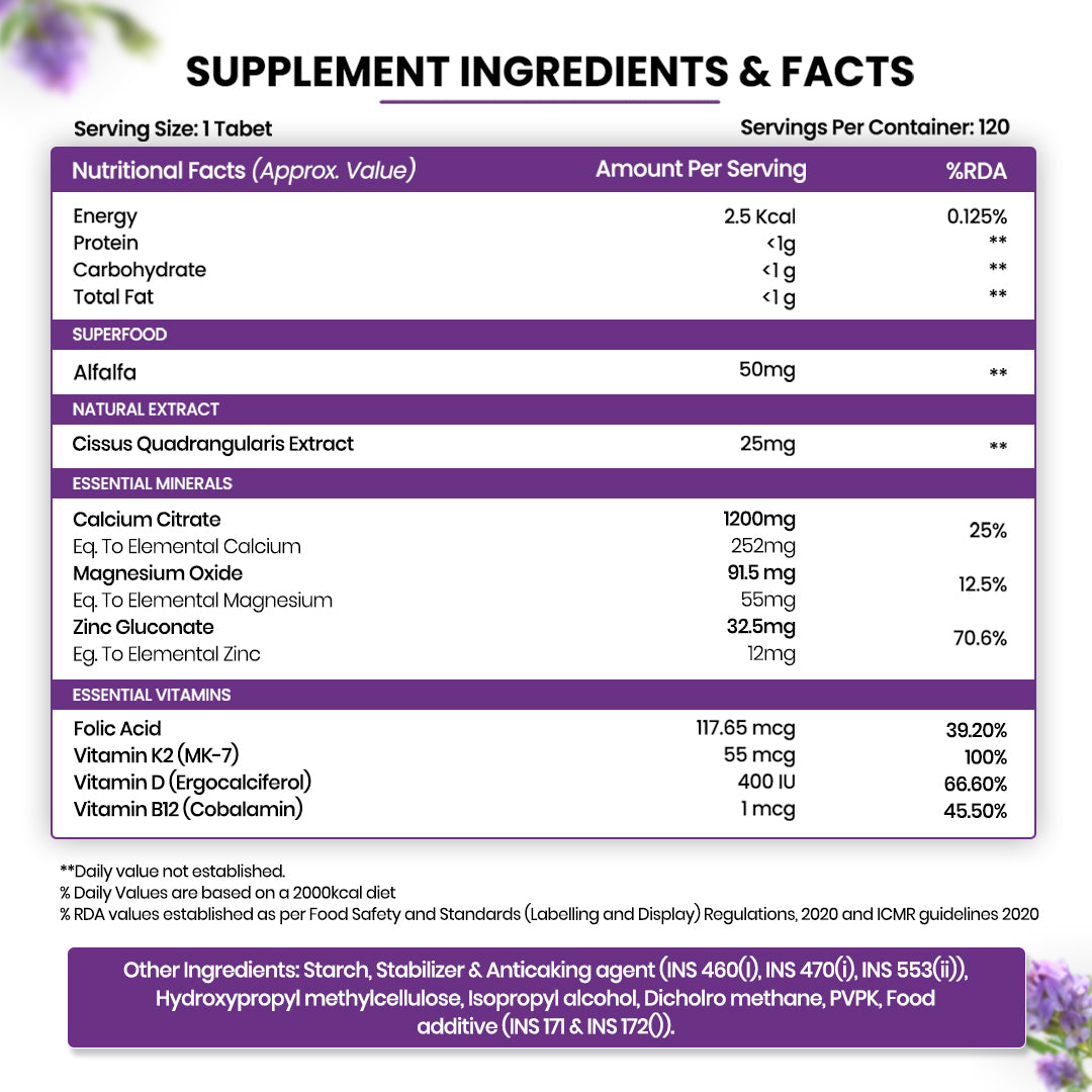 Vlado's Himalayan Organics Alfalfa Calcium Citrate Malate 1200mg with Vitamin D, k2, Mk7, B12, Zinc & Magnesium - 120 Veg Tablets