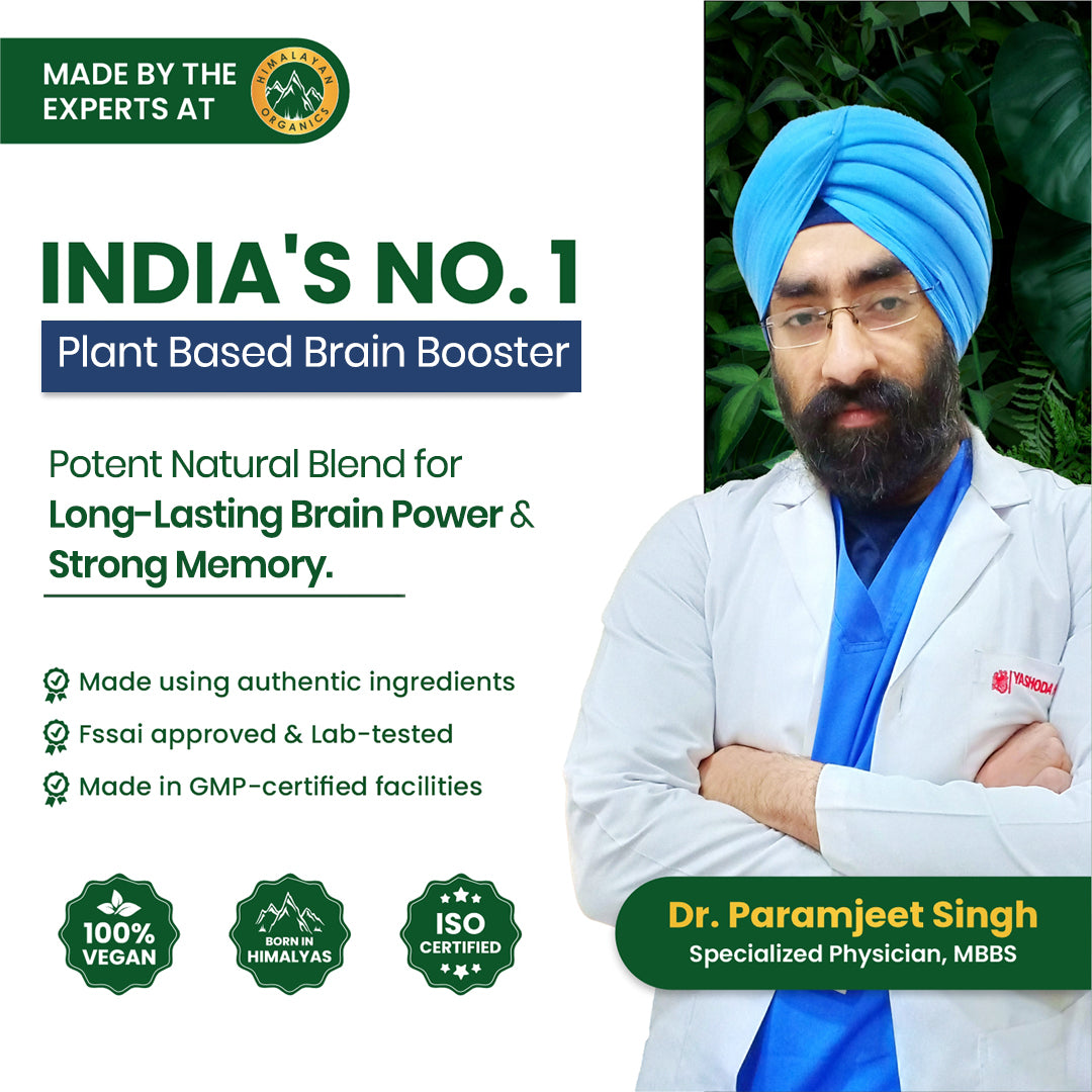 Vlado's Himalayan Organics Plant Based Brain Booster Supplement with Ginkgo Biloba & Brahmi | Boost concentration & Learning Activities | 60 Veg Capsules