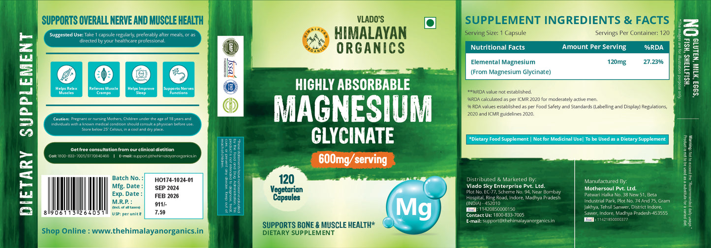 Vlado's Himalayan Organics Highly Absorbable Magnesium Glycinate | Support Overall Nerve And Muscle Health | Strong Bones For Men & Women - 120 Vegetable Capsules