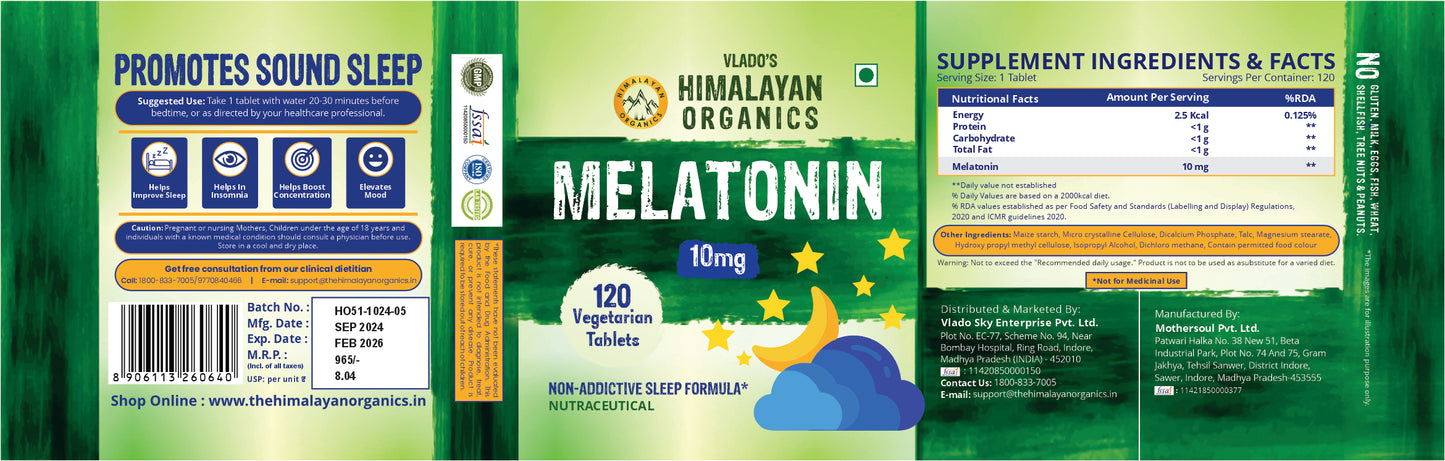 Vlado's Himalayan Organics Melatonin 10mg (Healthy Sleep Cycle) - 120 Veg Tabs