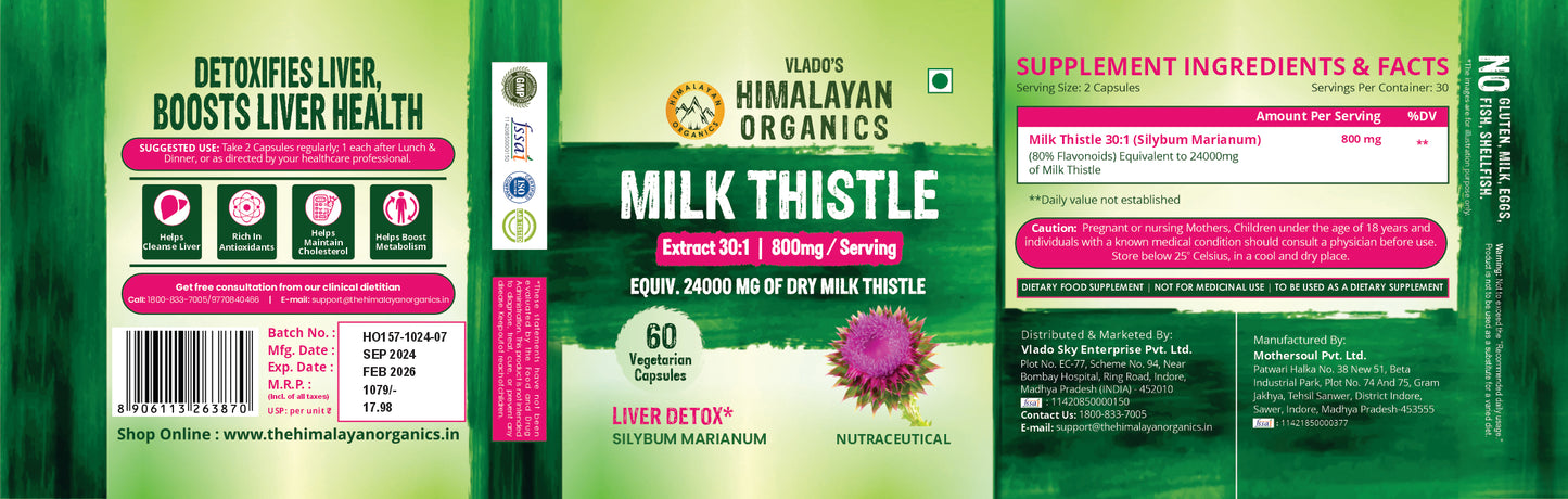 Vlado's Himalayan Organics Milk Thistle Extract Detox Supplement For Men And Women With 800Mg Of Silybum Marianum For Healthy Liver | Helps in Cleanse Liver - 60 Vegetarian Capsules