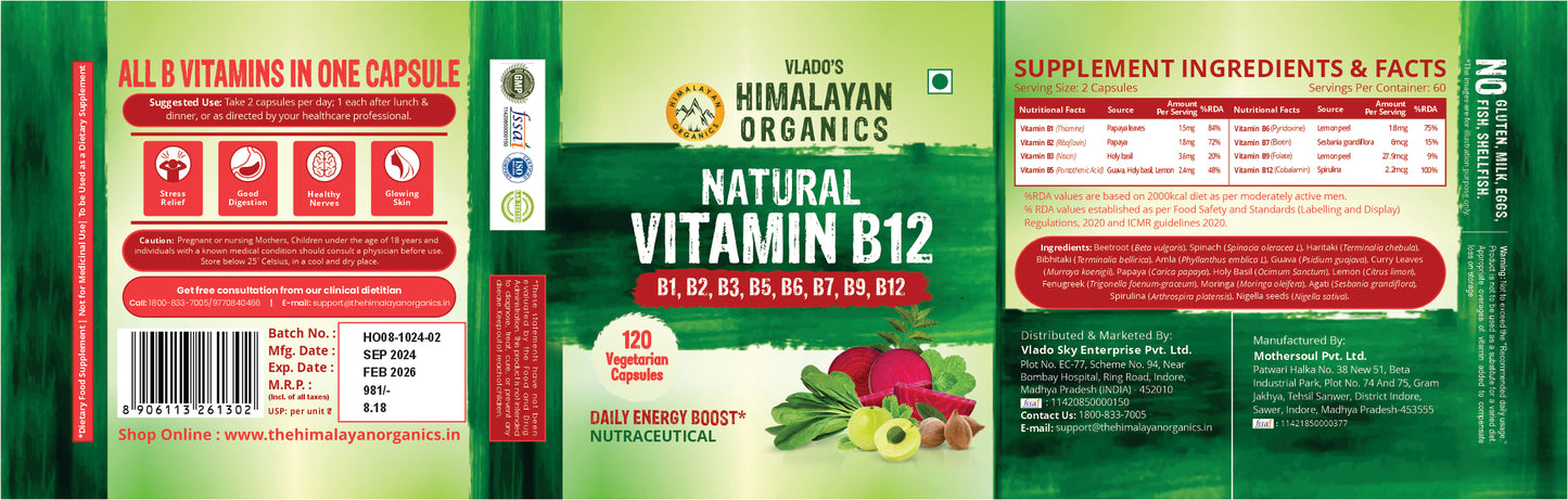 Vlado's Himalayan Organics Plant Based Vitamin B12 Natural- 60 Veg Capsules