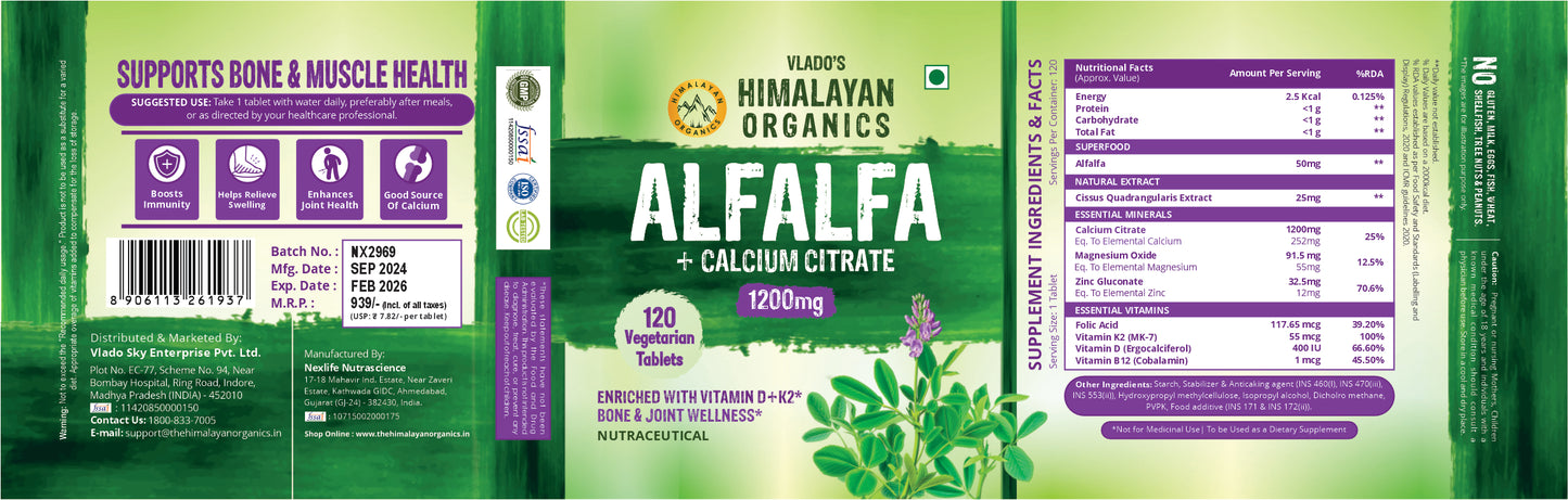 Vlado's Himalayan Organics Alfalfa Calcium Citrate Malate 1200mg with Vitamin D, k2, Mk7, B12, Zinc & Magnesium - 120 Veg Tablets