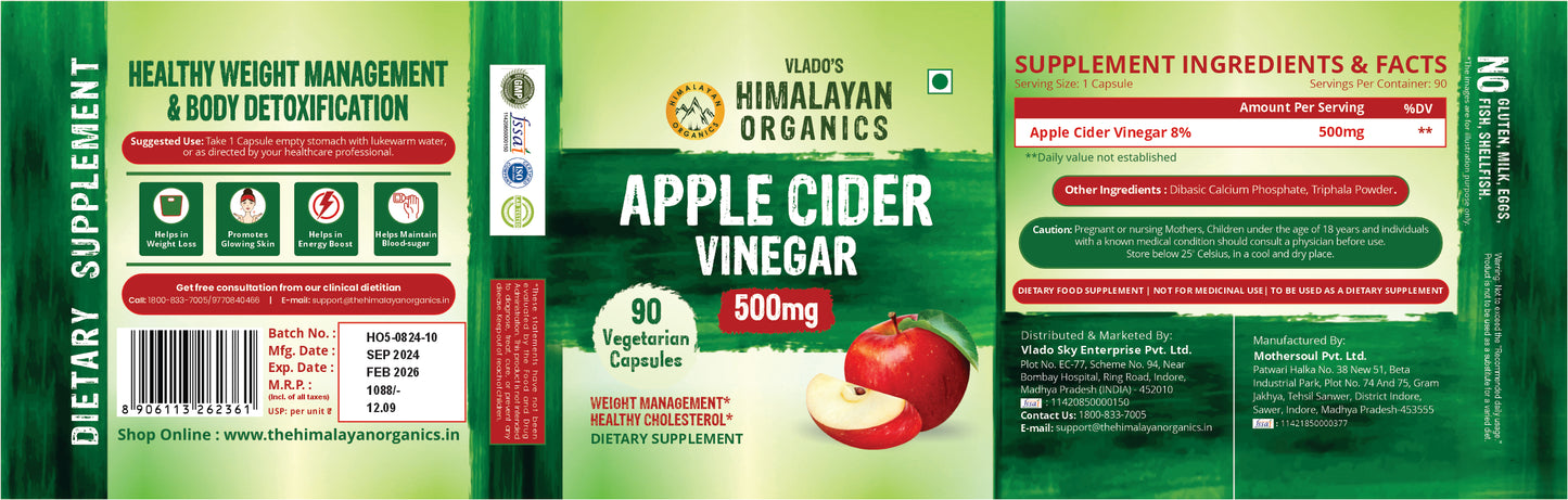 Vlado's Himalayan Organics Apple Cider Vinegar Supplement for Body Detoxification & Supports Digestive Health - 90 Veg Capsules