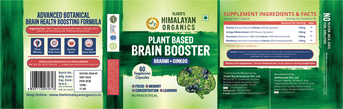 Vlado's Himalayan Organics Plant Based Brain Booster Supplement with Ginkgo Biloba & Brahmi | Boost concentration & Learning Activities | 60 Veg Capsules