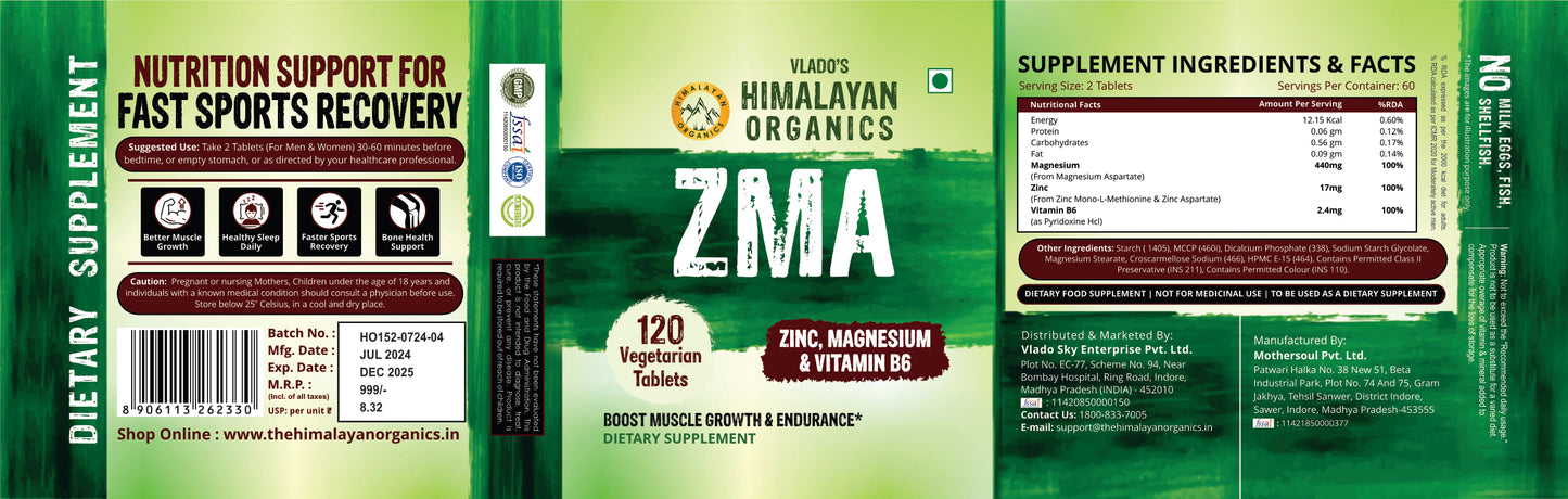 Vlado's Himalayan Organics ZMA (Zinc, Magnesium Aspartate) NightTime Sports Recovery Supplement - 120 Veg Tablets